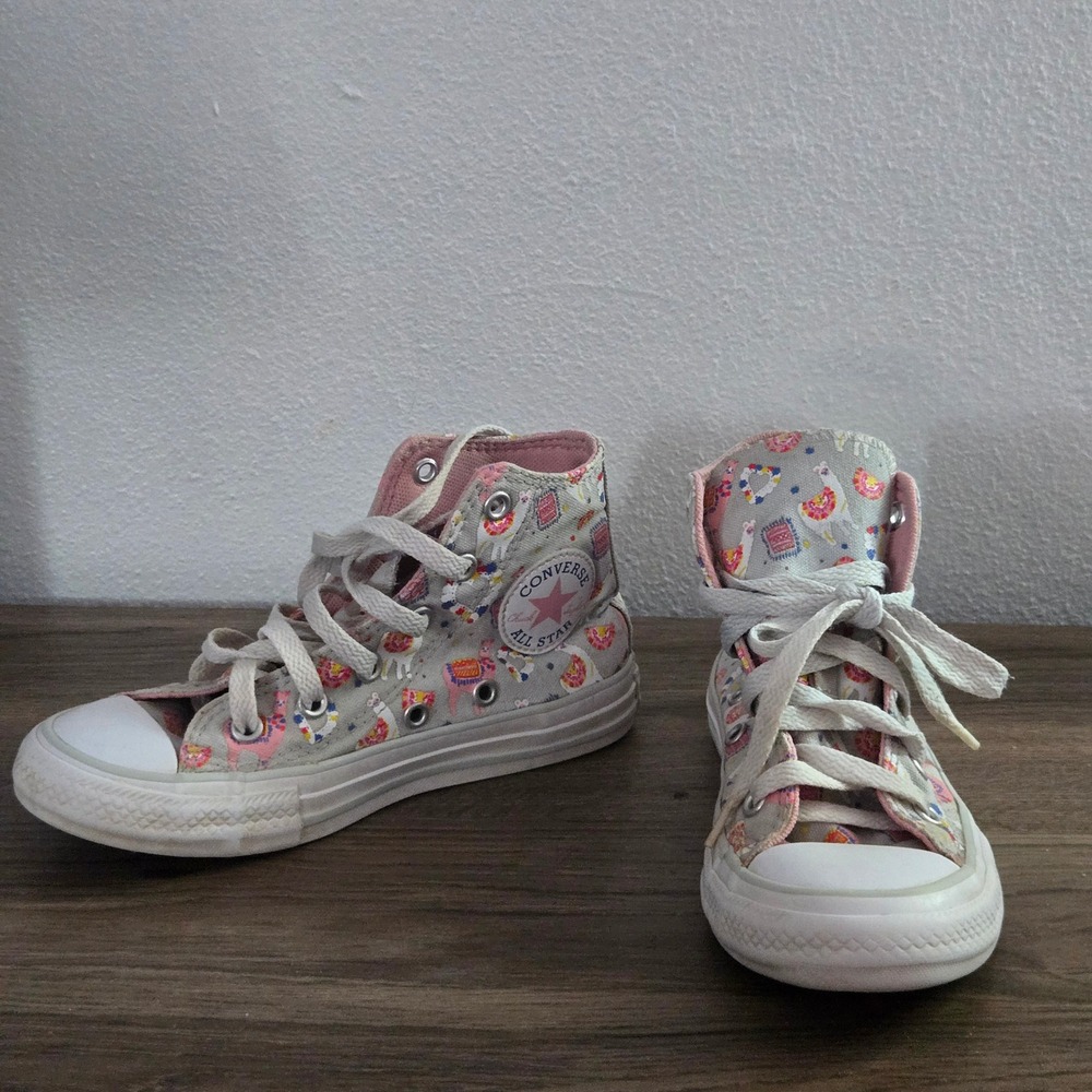 Converse Chuck Taylor All Star Llama Print High Top Sneakers Grey Pink Kids 12
